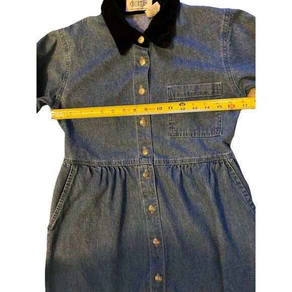 Vintage Elements Spiegel Blue Denim Dress Sz 2P Black Velvet Trim Cotton USA L/S - Picture 6 of 13